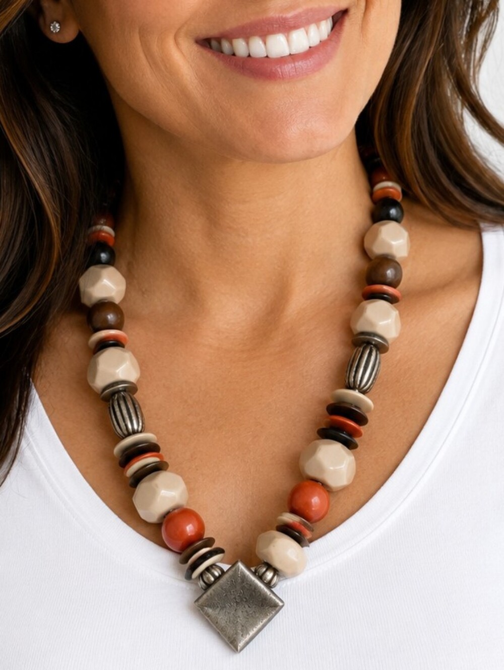 💎Chunky Vintage Boho Statement Necklace Brown Orange Beige Beads Square Pendant
